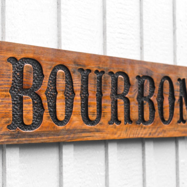 Bourbon Sign - Carved in a 40" x 10" Solid Wood Board Rustic Distressed Farmhouse Kitchen Restaurant Saloon Southern Home Ranch Wall Décor