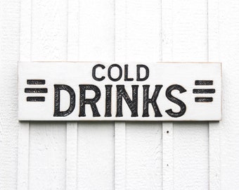 Cold Drinks Sign - Carved in a 34" x 10" Solid Wood Board Rustic Distressed Farmhouse Kitchen Restaurant Bar Advertisement Beverages