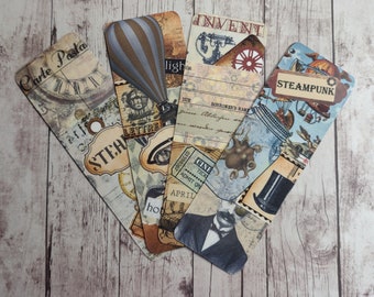 May include: Four vintage-style bookmarks with a steampunk theme. The bookmarks feature images of gears, clocks, airships, and other steampunk elements. The text on the bookmarks includes "Carte Posta", "STEAMPUNK", "INVENT", and "LETTRE".