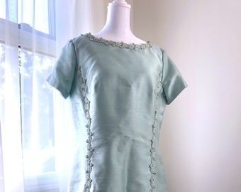 Vintage 1970s Seafoam Green Blue Short Sleeve Formal Cocktail Dress/Formal Shift Dress