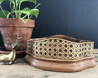 Made for FTD 1981 USA Vintage Bohemian Faux Wood Faux Caning Faux Rattan Planter