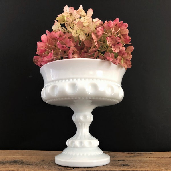 Vintage Indiana Milk Glass Kings Crown Thumbprint Pedestal Compote Dish/Milk Glass Thumbprint Vase/ Milk Glass Kings Crown Pedestal Dish