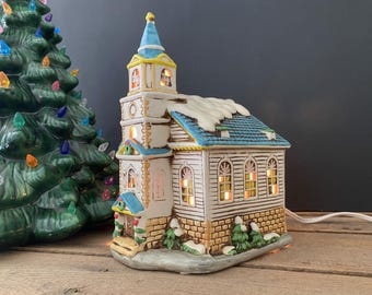 Vintage 1986 Hand-Painted Lefton Church of the Golden Rule 8.5" Tall Porcelain Christmas Village Church - Tiny Chip on the Tip