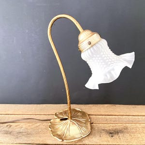 Vintage Gold Gooseneck Lily Pad Desk Lamp with White Frosted Ruffled Glass Shade