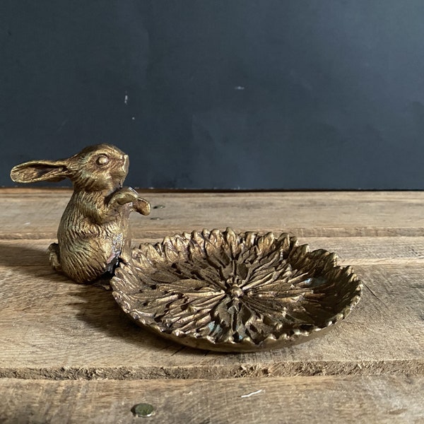 Gatco Solid Brass Bunny Rabbit Flower Trinket Dish/Easter Rabbit Decor/Spring Bunny Decor