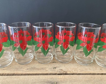 Set of 6 Vintage Mid-Century Indiana Glass Christmas Poinsettia Juice Glasses Water Tumblers Vintage Christmas Barware