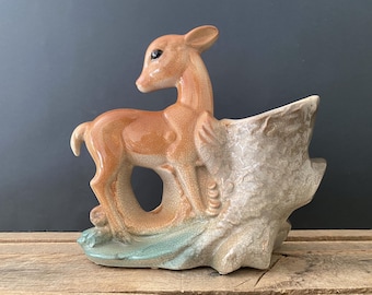 Pot en céramique vintage kitsch, poterie, poterie, Royal Copley, cerf biche, faon, jardinière en céramique
