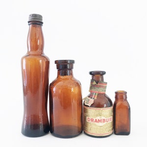 Set of 4 Vintage Brown Glass Apothecary Bottles/Brown Glass Liquor Bottle/Vintage Brown Glass Lysol Bottle/Fairmount Glass Company Bottle