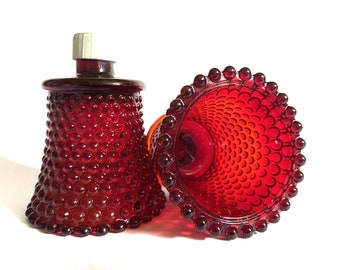 Pair of Ruby Red Glass Hobnail Peg Votive Holders