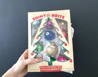 12 Vintage Multi-Color Shiny Brite Glass Christmas Tree Ornaments with Shiny Brite Christmas Tree Box