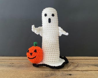 9" Crochet Ghost & Pumpkin Jack-o'-lantern Figurine/Crochet Plush Ghost/Crochet Ghost Doll/Halloween Ghost/Halloween Decor/Ghost Amigurumi