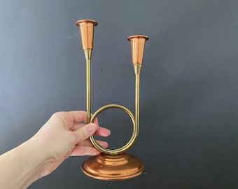 Vintage 1970s Coppercraft Guild Copper Brass/Gold Tone Double Taper Candle Holder French Horn Design Made in Taunton, Mass.