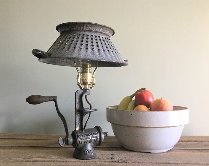 Gray Enamel Colander Meat Grinder Lamp Etsy