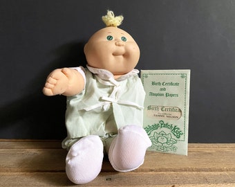 Vintage 1980s Bald/Blonde Tuff of Hair Green Eye Boy Cabbage Patch Doll Birth Certificate & Adoption Papers/Sammy Nelson Cabbage Patch Kid