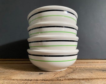 4 McNicol China Hotel Ware Restaurant Ware Heavy Ceramic Black & Neon Green Stripe Green Band Cereal Bowls