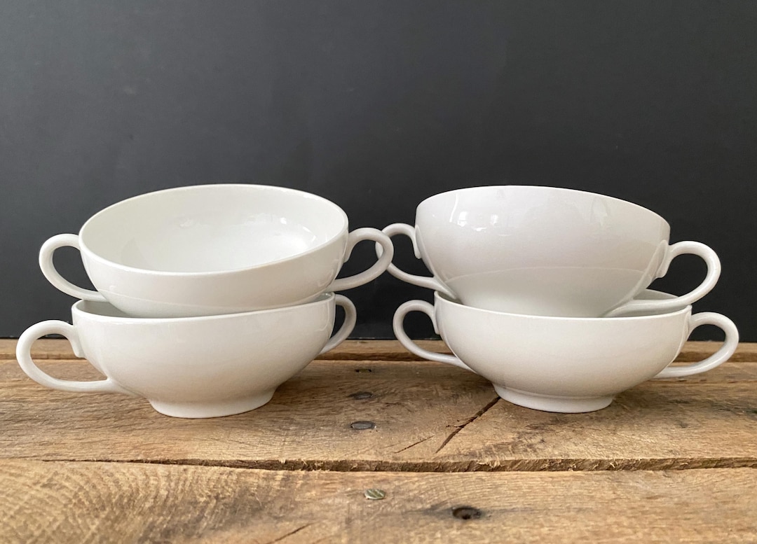 Set of 4 White Porcelain Double Handled Flat Cream Soup Bowls ...
