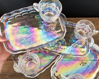 Vintage 8 Piece Colonial Iridescent by Federal Glass Company Pressed Glass Snack Plate & Punch/Snack Cup Set