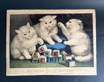 Antique 1860s Currier & Ives "My Three White Kitties Learning Their abc" Hand-Colored Lithograph 13.5"x 10"