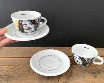 Pair of Saeco Collection Shirnding Jeanet Hönig Demitasse Espresso Cups and Saucers