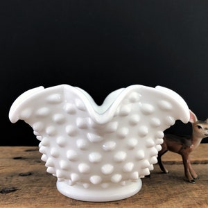 Milk Glass Hobnail Crimped Edge Bowl/Ruffled Edge Hobnail Milk Glass Bowl