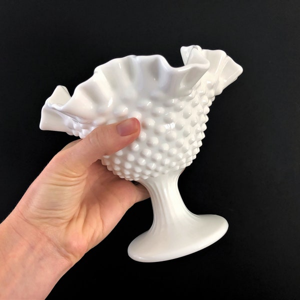 Vintage Hobnail Milk Glass Ruffled Edge Fenton Pedestal Dish