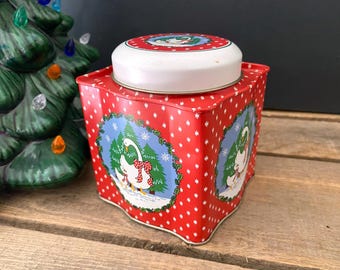 Vintage 1980s/1990s Christmas Porch Goose Tin Canister/Christmas Mother Goose Tin