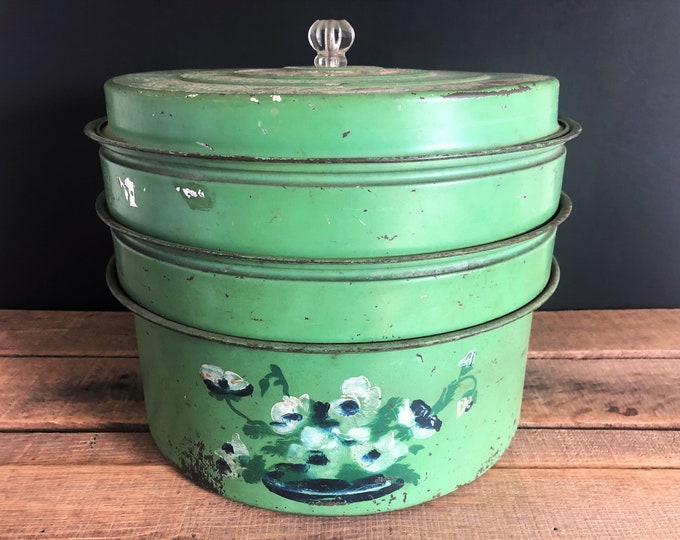 Vintage Green Three Tier Cake Carrier / Cake Tin With Glass Knob / Cake
