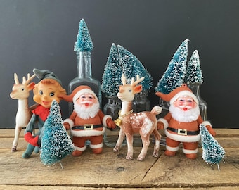 CHOICE Vintage Flocked Santa Claus, Knee Hugger Elf, Swivel Head Reindeer Christmas Figurines and Ornaments Bottle Brush Trees