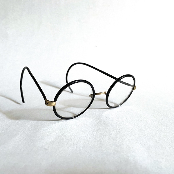 Vintage Black Plastic Metal Round Rim Men's Women's Spectacles