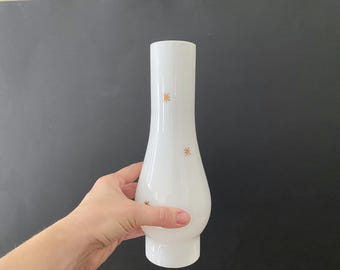 9-3/4" Tall Vintage Retro White Glass Oil Lamp Replacement Chimney with Gold Starbursts Atomic Stars