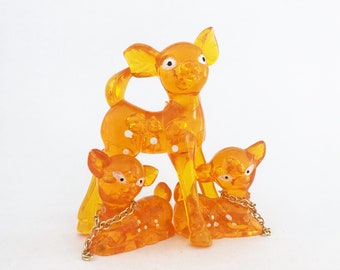 Set of 3 Orange Plastic Vintage Deer Figurines/Orange Plastic Doe and Fawns/Orange Plastic Mother Deer and Baby Deer - Made in Hong Kong