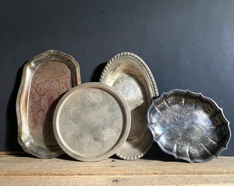 Four Small Tarnished Silver Plated Various Shaped Trays Circa 1940s-1970s/Silver Soap Dish/Trinket Trays