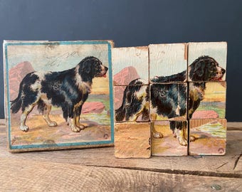 Petit casse-tête pour enfant de l'époque victorienne avec scènes d'animaux fabriqué en Allemagne/Casse-tête cubique allemand