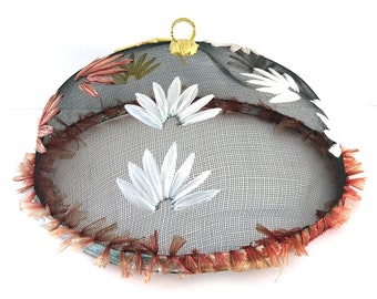 Vintage Dome Metal Screen Raffia Embroidered Floral Food Cover - READ CONDITION - unraveling and missing raffia material -