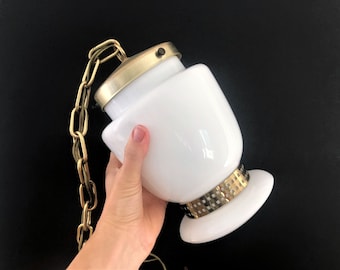 Vintage Hanging Milk Glass Pendant Light with Gold Band - Not Working