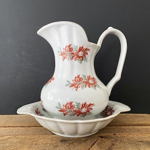 Vintage Ceramic Christmas Red Floral Poinsettia Decorative Pitcher and Basin - Made in China