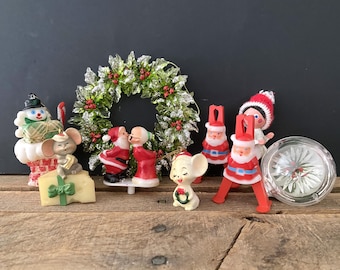 CHOICE Vintage Christmas Figurines Ornaments/Napcoware Mouse/Acrylic Wreath/Wood Skater/Blow Mold Snowman/Kissing Santa & Mrs/Jewel Brite