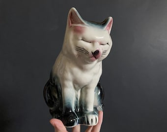 Vintage 7-1/4" Tall Green, Black & Pink Ceramic Cat/ Ceramic Cat Sleeping While Sitting Figurine