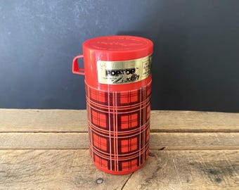 Vintage 6-5/8" Tall Red Plaid Pop-Top Aladdin Hot/Cold Plastic Thermos Bottle - Kids Size/Lunchbox Size