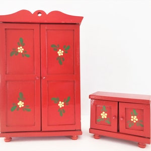 Set of 2 Vintage Red Painted Floral Tole Folk Art Wood Doll Wardrobe and Cabinet Made in Romania/Romanian Wooden Doll Furniture