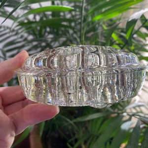 May include: A clear glass lid with a textured, rippled surface. The lid is round and has a slightly domed shape.