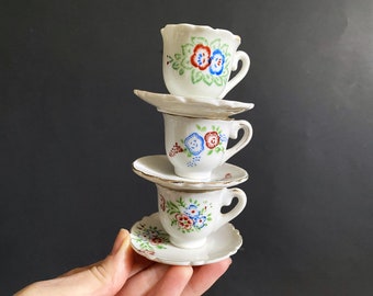 Three Vintage Doll Size Red & Blue Floral Porcelain Teacups and Saucers - Made in Japan