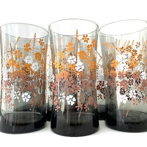 Set of 6 Vintage Mid-Century Smoke Gray Orange & White Floral Tawny Floral Glass Tumblers by Libbey Glass Company