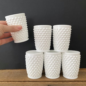 Set of 6 Mid Century Vintage Fenton Hobnail Milk Glass Juice Glasses 5 Oz Flat Tumbler 3-3/8&quot; Tall