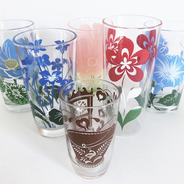 Vintage Floral Juice Glasses/Mid-Century Floral Water Tumblers/Swanky Swigs/Retro Juice Glasses/Peanut Butter Glasses/Floral Barware