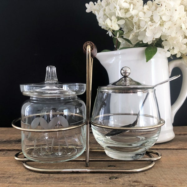 Vintage Glass Jelly Jars with Brass Caddy/Mid Century Glass Jelly Jars with Brass Caddy