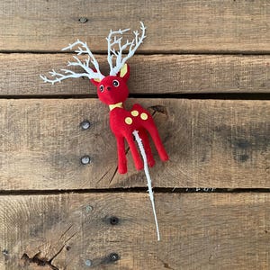 Vintage Flocked Red Reindeer with White Antlers Pick Figurine