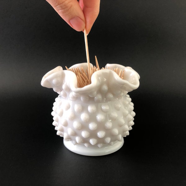 2-7/8" Milk Glass Hobnail Crimped Edge Bowl/Ruffled Edge Hobnail Milk Glass Bowl/Milk Glass Hobnail Ruffled Edge Toothpick Holder