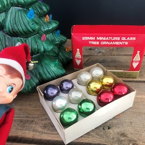 12 Count 25mm Miniature Glass Christmas Tree Bulb Ornaments with Plastic Caps - Made in Taiwan
