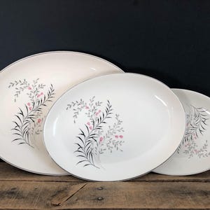 CHOICE Vintage 1950s Oval Stoneware Gray & Pink Floral Serving Platter